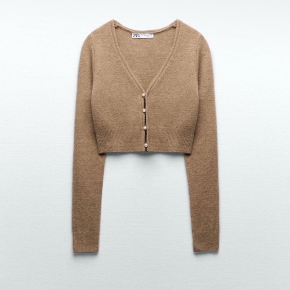 Zara Tan Cropped Cardigan Sweater